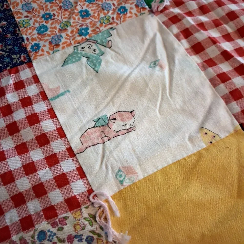 Vintage Patchwork Quilt 1960s Handmade 54x35 Mid Century Patterns Multi-Color